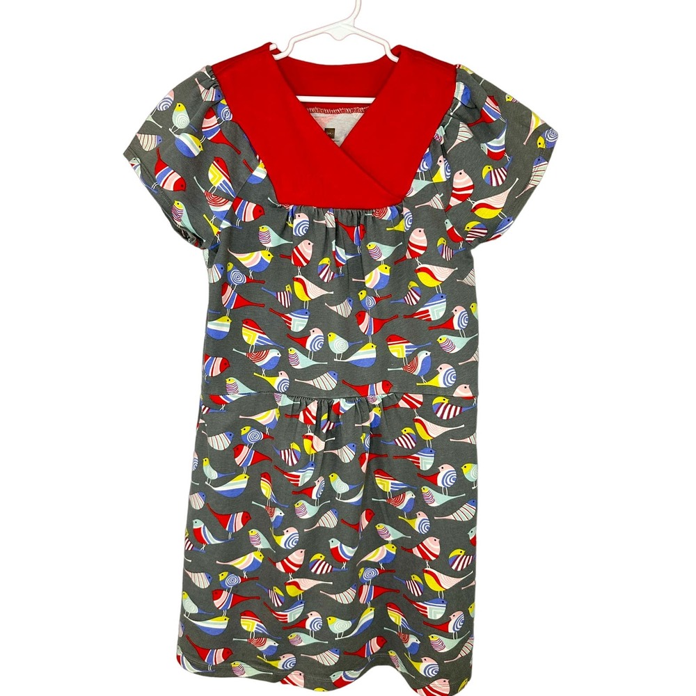 Girl's Tea Collection All-Over Bird Pattern Wrap Cotton Neck Dress 12